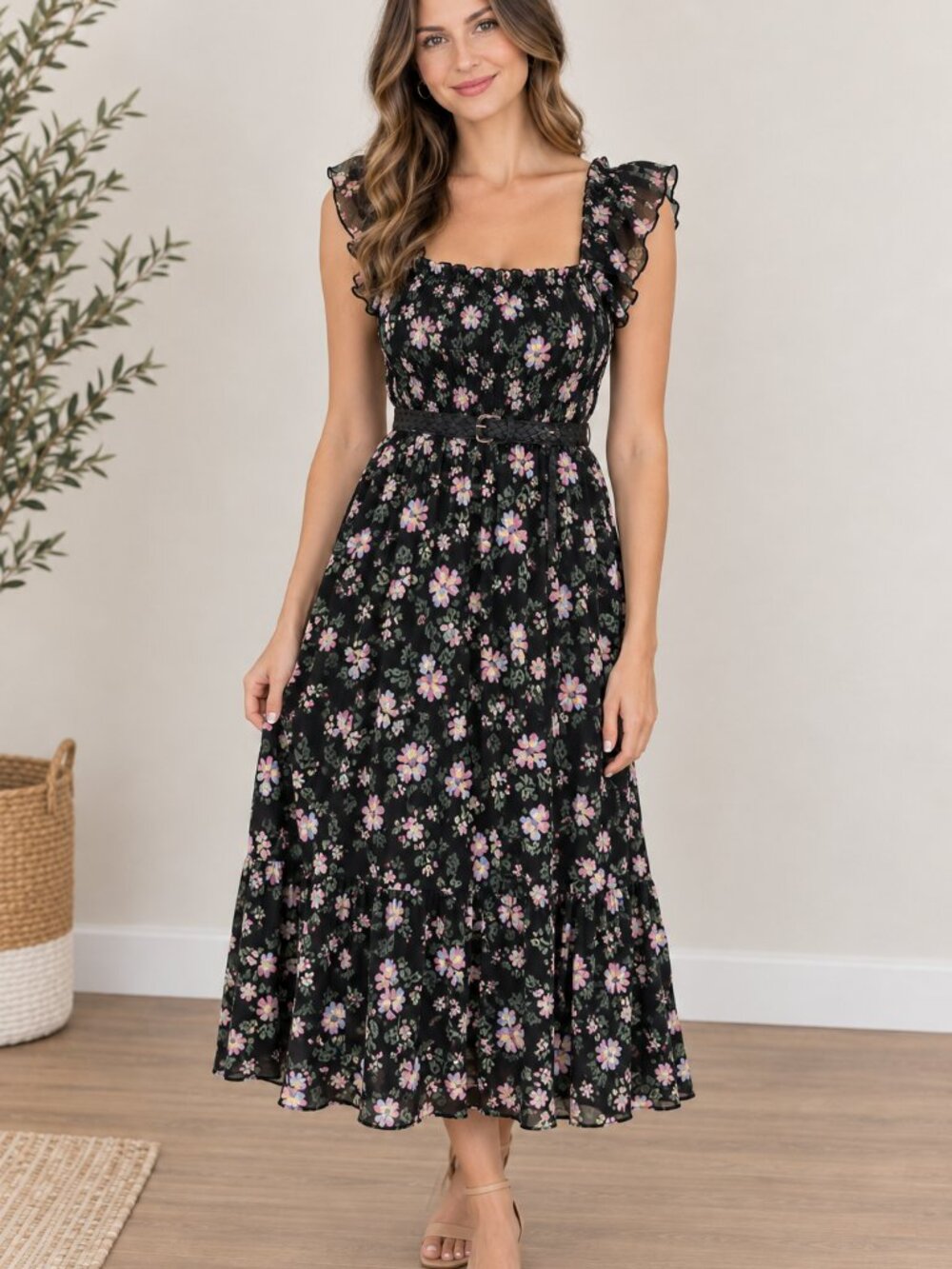 Wallflower Lily Collection Black Sleeveless Floral Midi Dress size Large